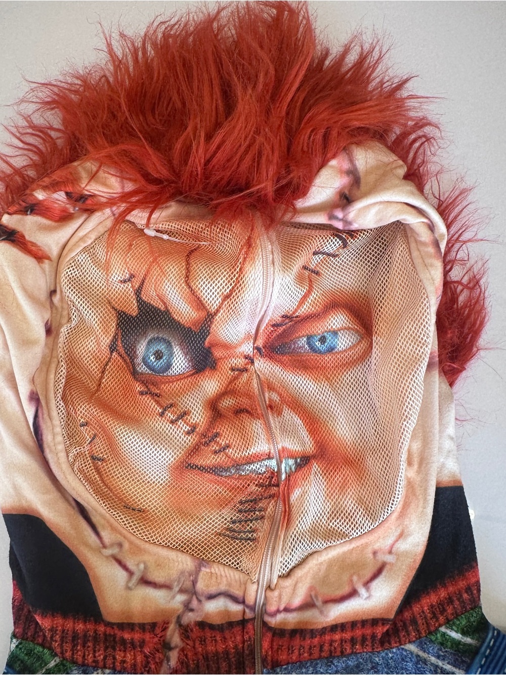 Men’s Size L Red Chucky-Inspired Childs Play Halloween Jumpsuit Costume Hoodie